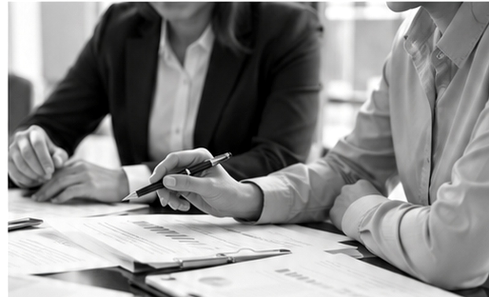 Procurement professionals discussing documents at a table